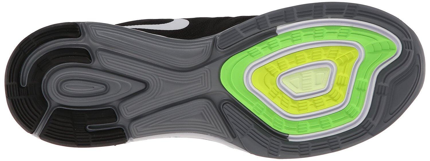 the outsole of the Nike LunarGlide 6 features numerous flex grooves for powerful toe-off and great surface control