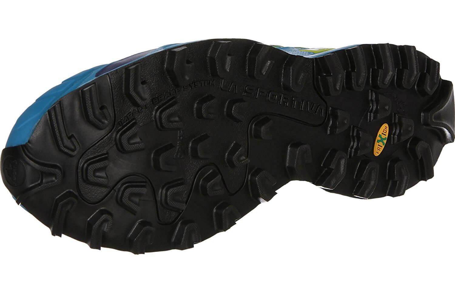the outsole of the La Sportiva Mutant features tenacious treads and allows runners to screw in separate spikes for more traction
