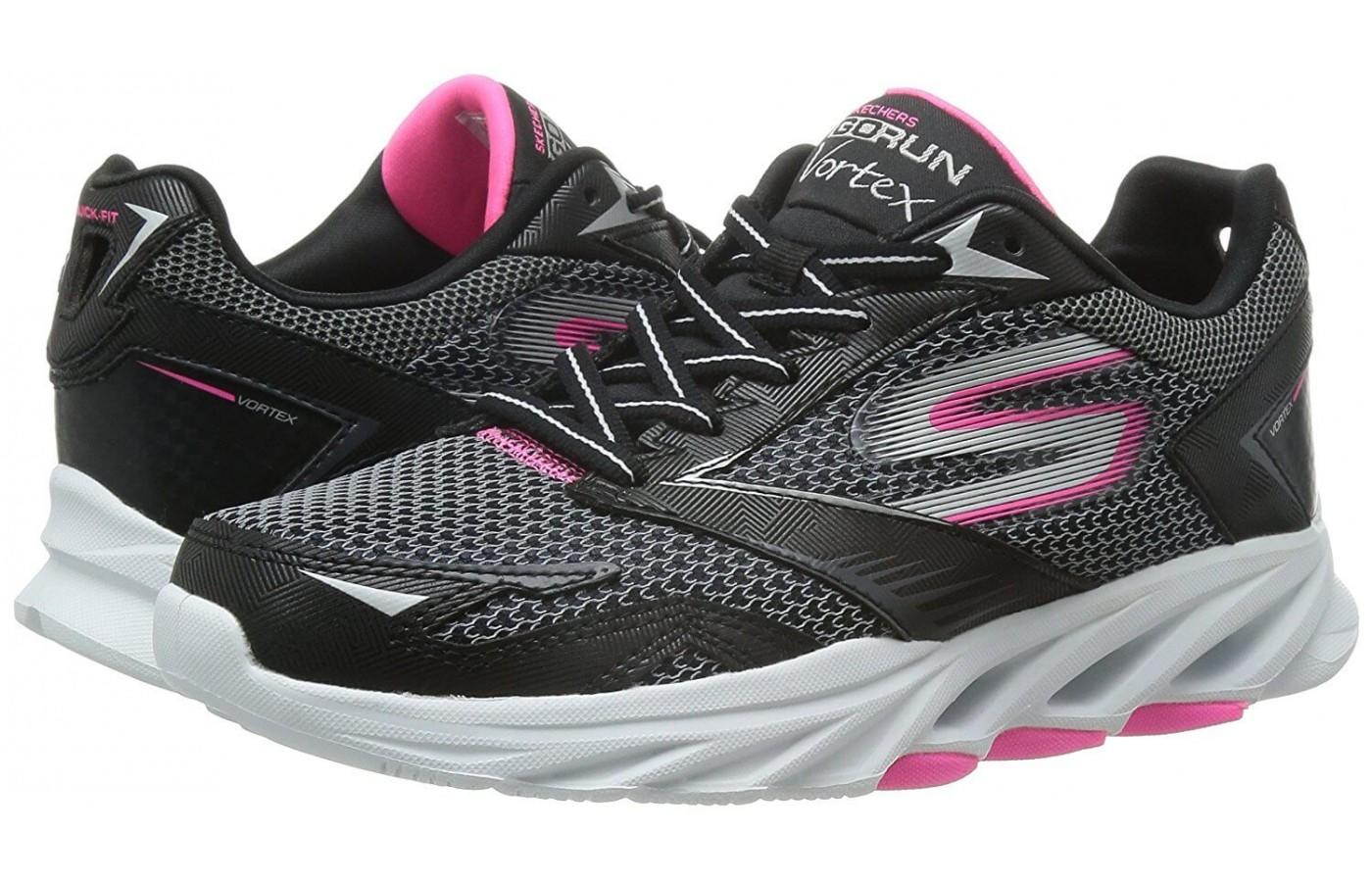 Pair of Skechers GoRun Vortex in black with pink and white accents
