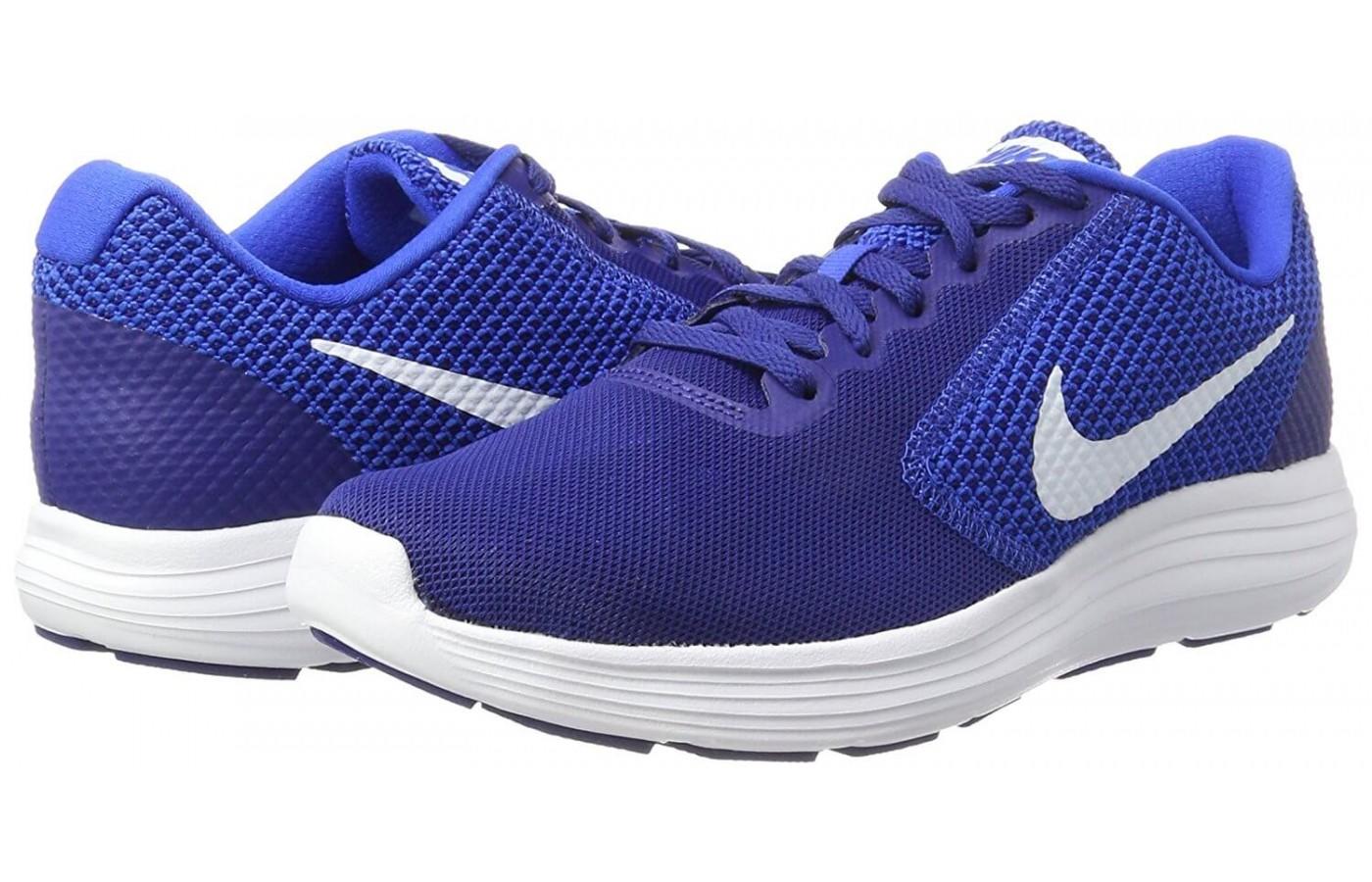 The Nike Revolution 3 features a synthetic mesh upper