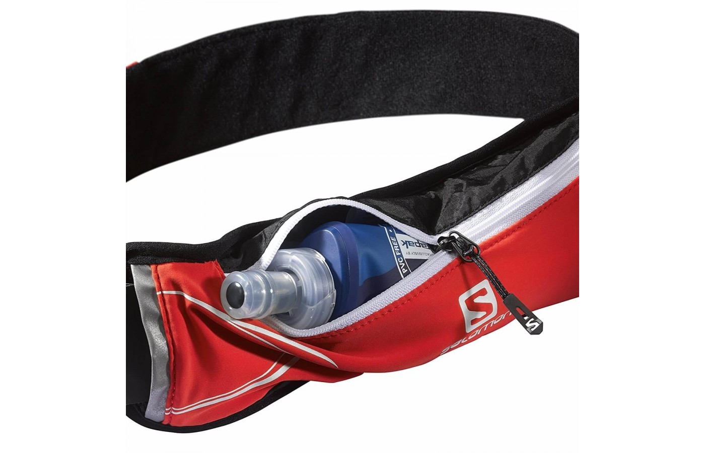 The included soft water flask fits perfectly in the belt's zippered pouch.
