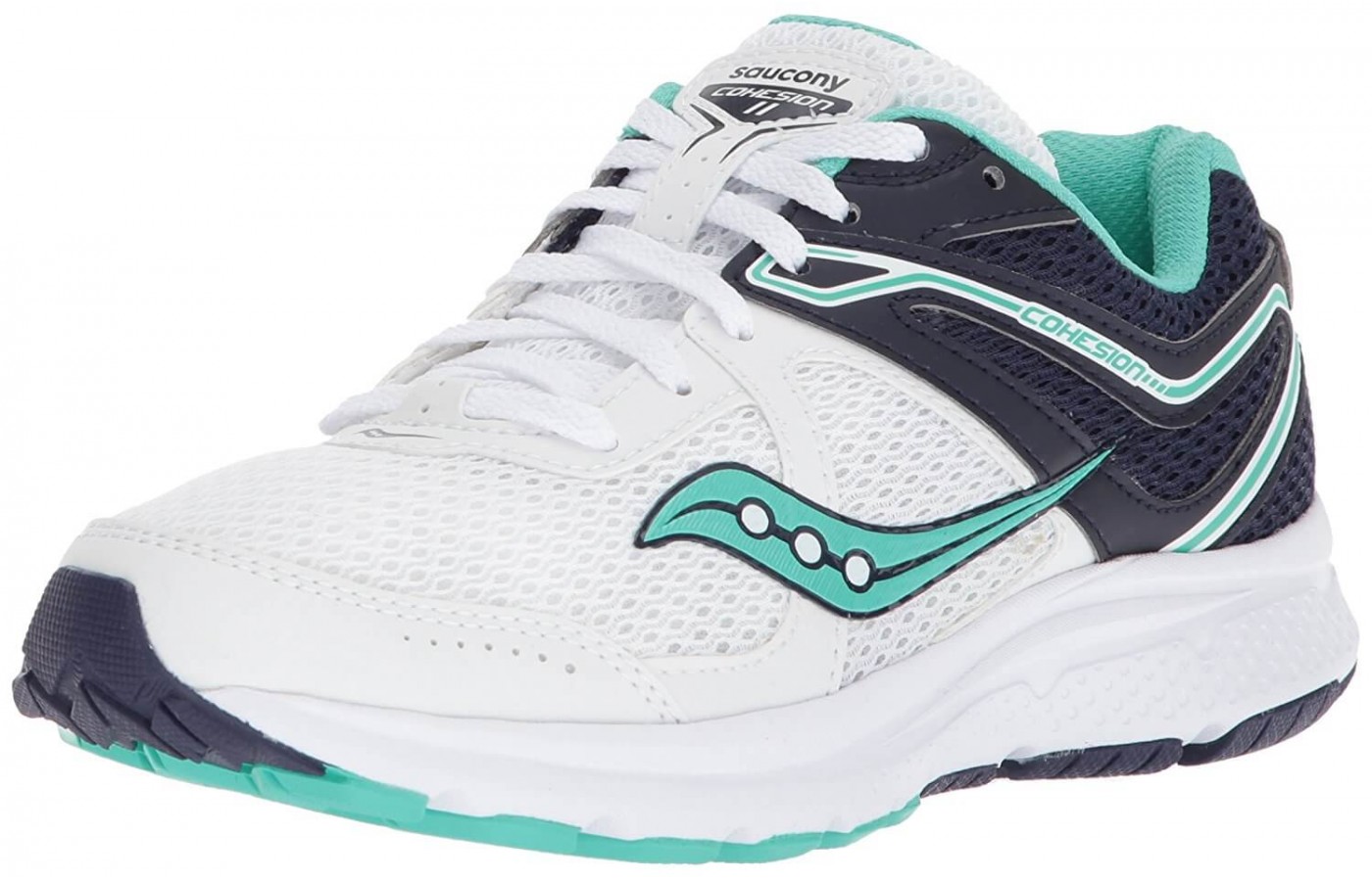 The Saucony Cohesion 11 in a white, navy, and teal colorway