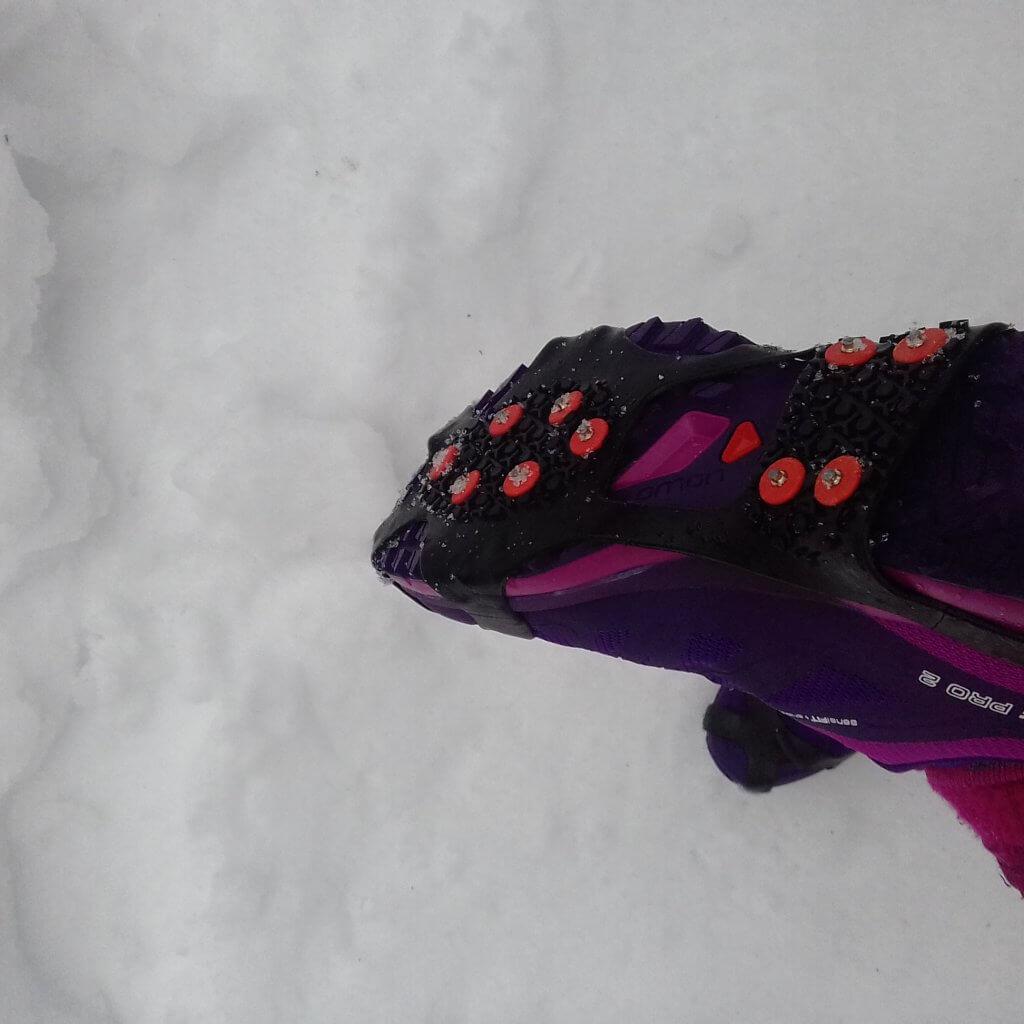 nano spikes on for winter trail running shoes
