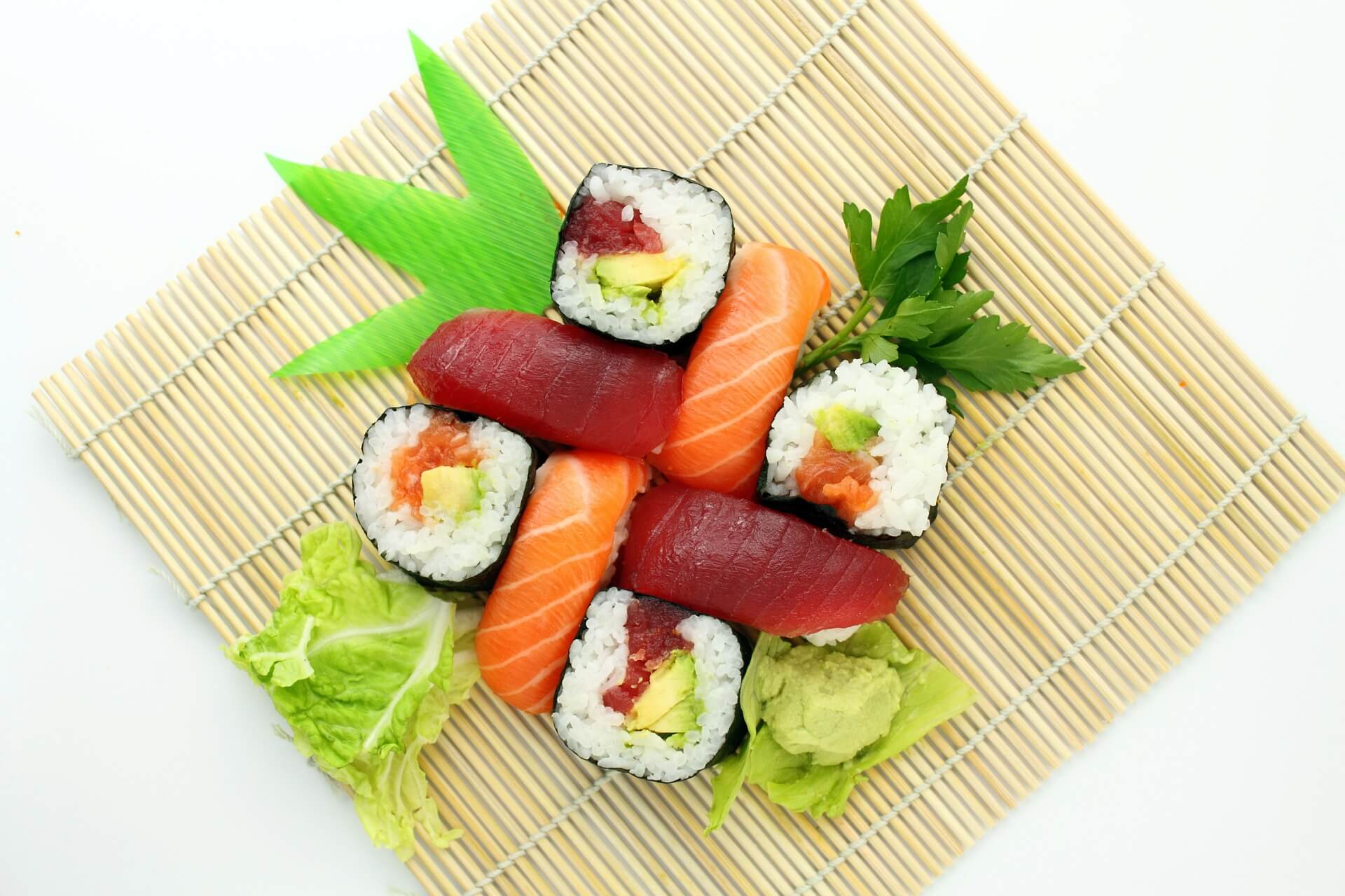 a plate of colourful sushi
